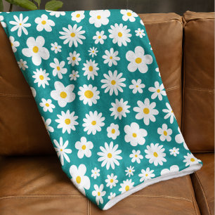 Modern Flat Graphic Daisy Teal Blue Fleece Blanket