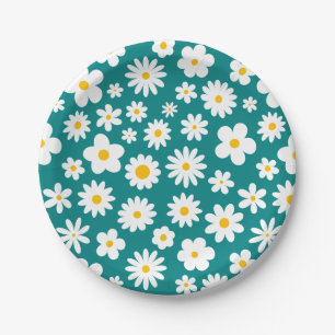Modern Flat Graphic Daisy Teal Blue Paper Plate