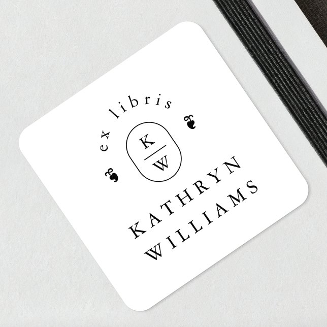 Modern Fleuron Monogram Ex Libris Bookplate Square Sticker (Creator Uploaded)