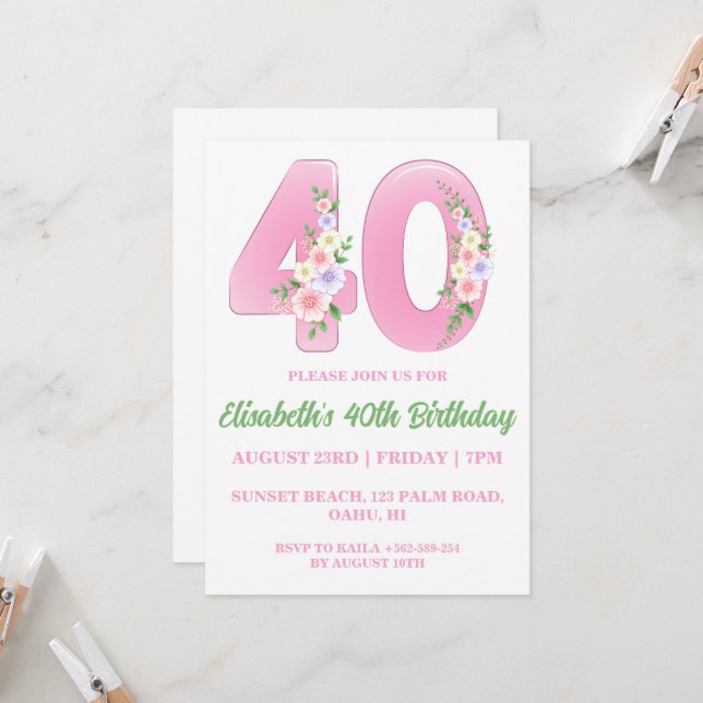 modern floral 40th birthday invitations (Front/Back In Situ)