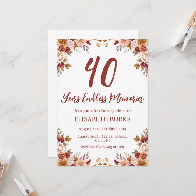 modern floral 40th birthday invitations (Front/Back In Situ)