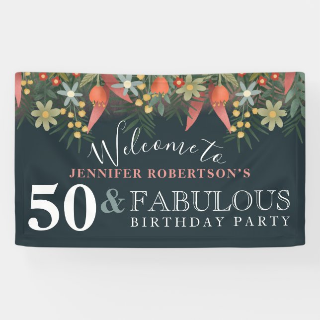 Modern Floral 50 and Fabulous Birthday Party Banner (Horizontal)