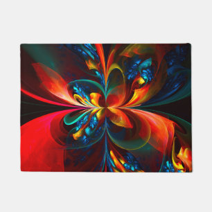 Modern Floral Abstract Art Orange Blue Pattern #14 Doormat