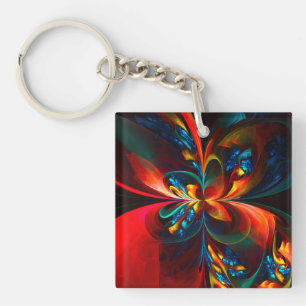 Modern Floral Abstract Art Orange Blue Pattern #14 Key Ring
