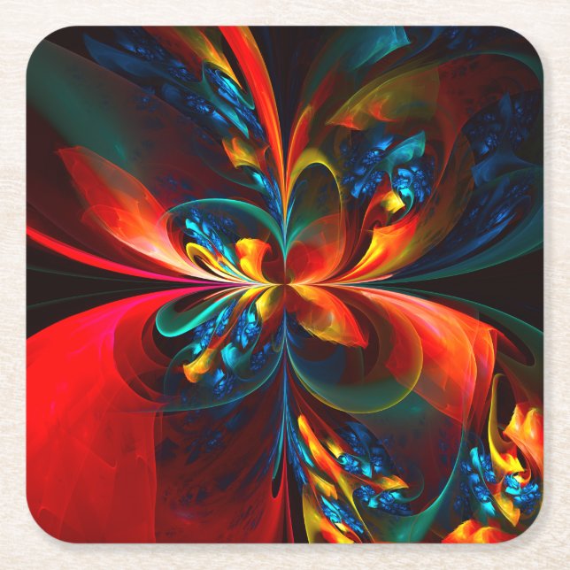 Modern Floral Abstract Art Orange Blue Pattern #14 Square Paper Coaster (Front)