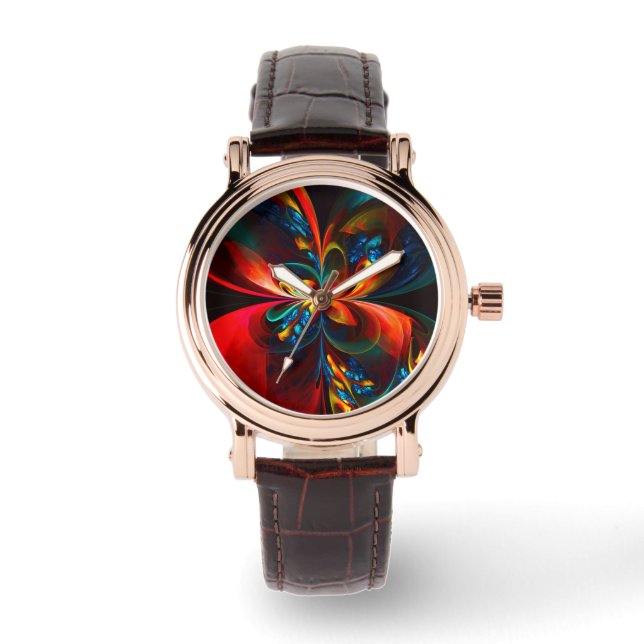 Modern Floral Abstract Art Orange Blue Pattern #14 Watch (Front)