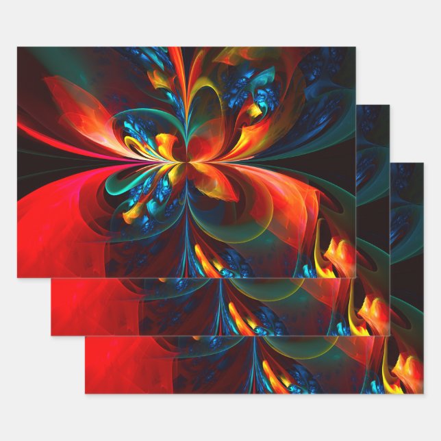 Modern Floral Abstract Art Orange Blue Pattern #14 Wrapping Paper Sheet (Set)