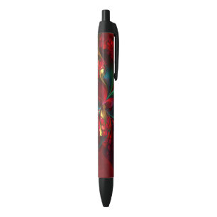 Modern Floral Abstract Art Red Green Pattern #11 Black Ink Pen