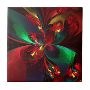 Modern Floral Abstract Art Red Green Pattern #11 Tile