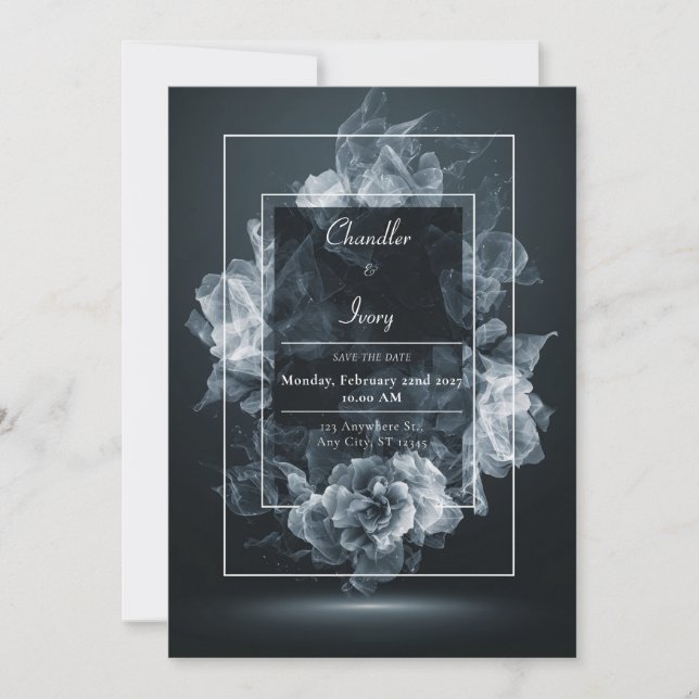 Modern Floral Accents Elegant Black Smoke Wedding  Invitation (Front)
