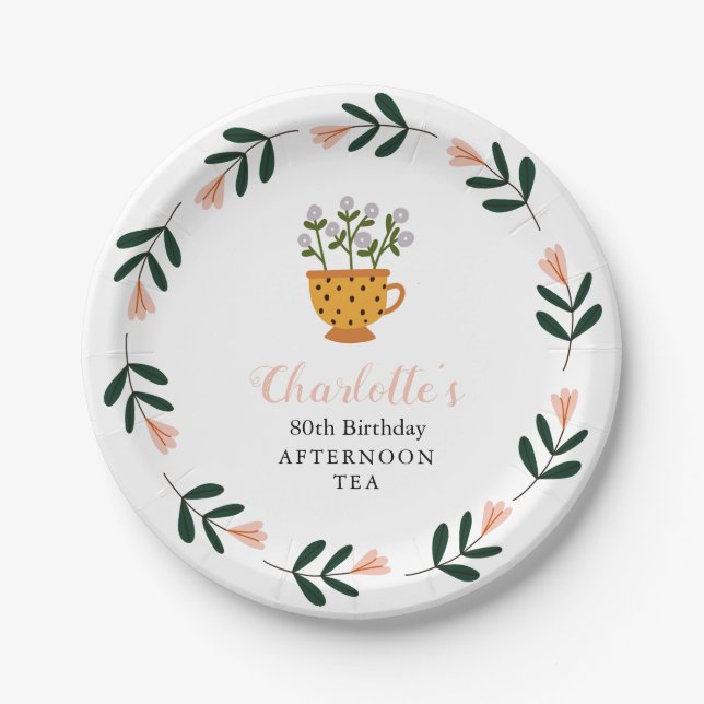 Modern Floral Afternoon Tea Birthday Paper Plate (Front)
