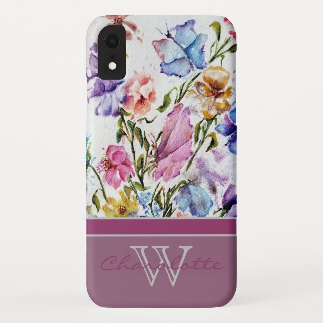 Modern Floral and Butterfly w Rose Monogram Name Case-Mate iPhone Case (Back)