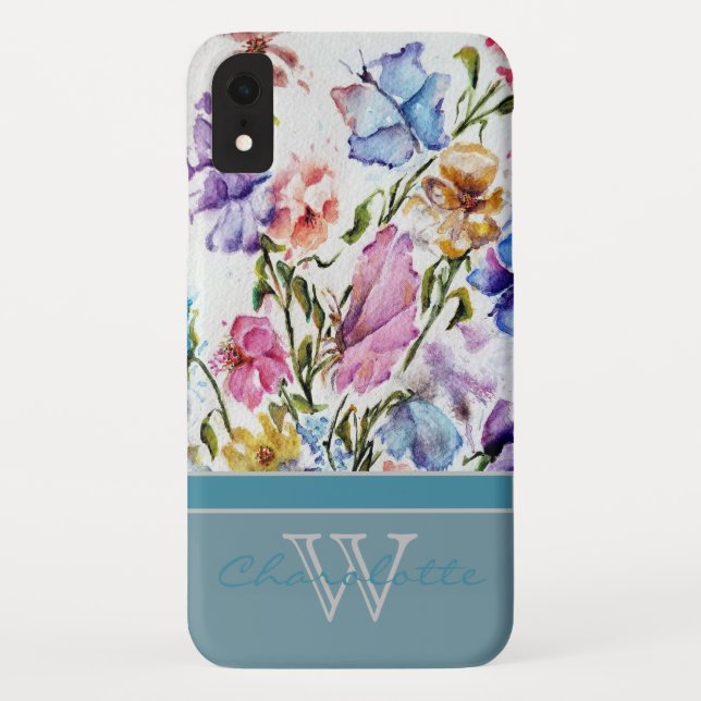 Modern Floral and Butterfly w Teal Monogram Name Case-Mate iPhone Case (Back)