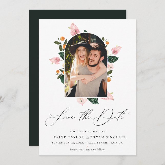 Modern Floral Arch Frame Save the Date Photo (Front/Back)