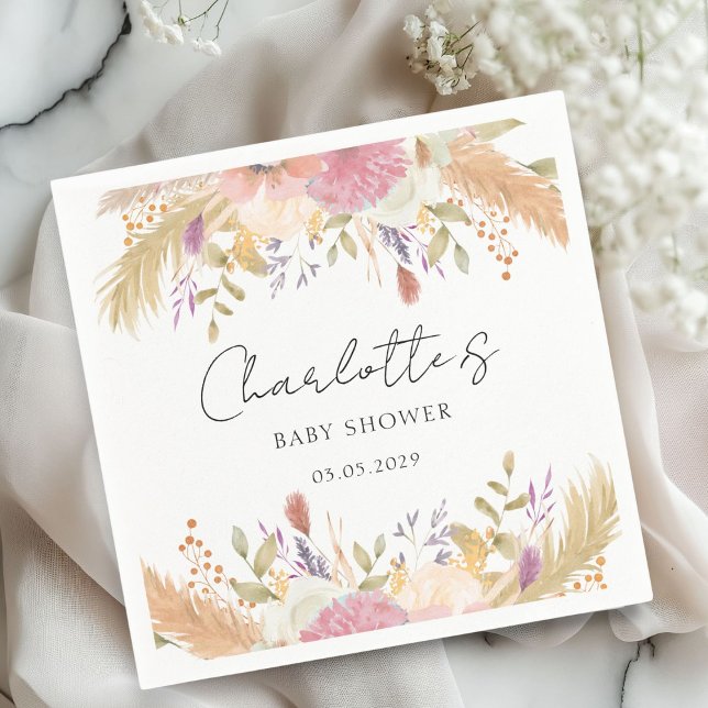 Modern Floral Baby Shower Napkin (Elegant, modern, floral, pastel tones, baby shower napkin with your name and date.)
