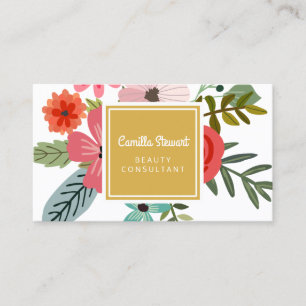 Modern Floral Beauty Consultant Red Pink Flowers Business Card