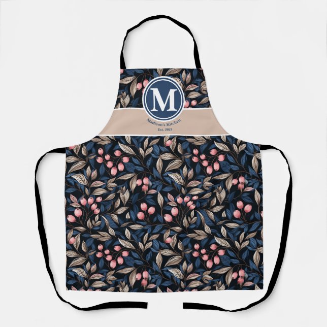 Modern Floral Berries Unisex Neutral Blue Pink Apron (Front)