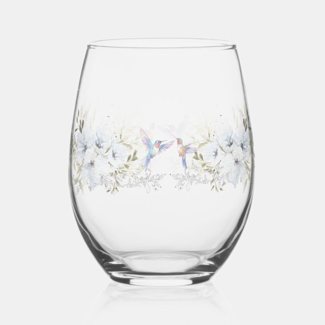 Modern floral Bird Overlay Flowers wedding Stemless Wine Glass (Front)