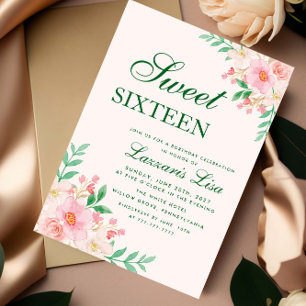 Modern Floral Birthday Green Party Sweet Sixteen  Invitation