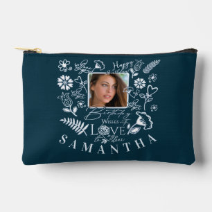 Modern Floral Birthday Typography Photo Doodle Accessory Pouch