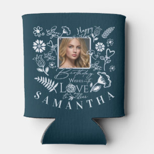 Modern Floral Birthday Typography Photo Doodle Can Cooler