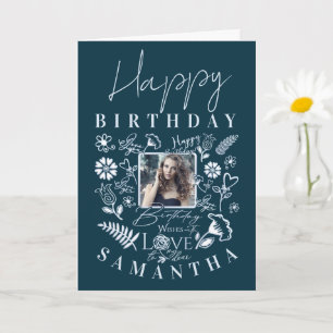 Modern Floral Birthday  Typography Photo  Doodle Card