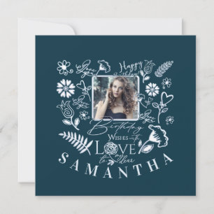 Modern Floral Birthday Typography Photo Doodle Card