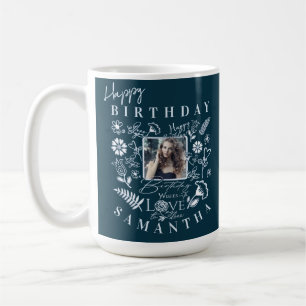 Modern Floral Birthday Typography Photo Doodle Coffee Mug