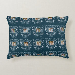 Modern Floral Birthday Typography Photo Doodle Decorative Cushion