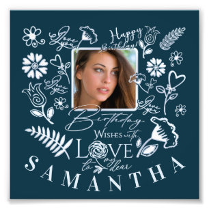 Modern Floral Birthday Typography Photo Doodle Print