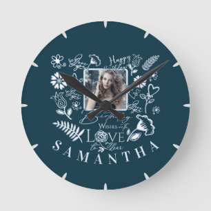 Modern Floral Birthday Typography Photo Doodle Round Clock