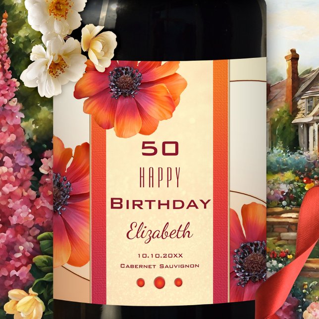 Modern Floral Birthday Wine Label (Wine label featuring festive flowers on an elegant ivory and peach design. Great for her birthday)