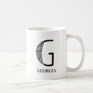 Modern Floral Black and White Initial G and Name Coffee Mug