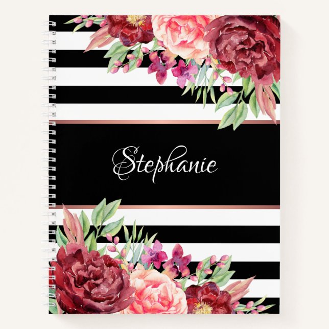 Modern Floral Black and White Stripe Personalised Notebook (Front)