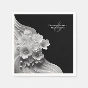 Modern Floral Black and White Wedding Napkin