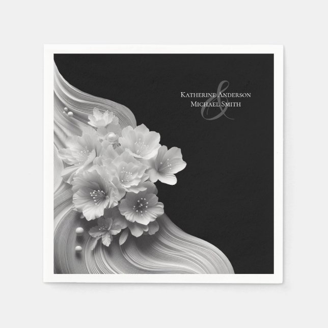 Modern Floral Black and White Wedding Napkin (Front)