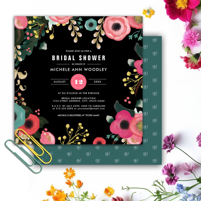 Modern Floral Black | Pink | Teal Bridal Shower Invitation (Creator Uploaded)
