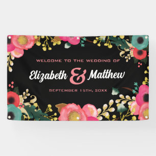Modern Floral Black Pink Teal Wedding Banner