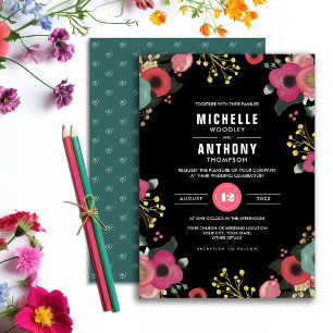 Modern Floral Black   Pink   Teal Wedding Invitation