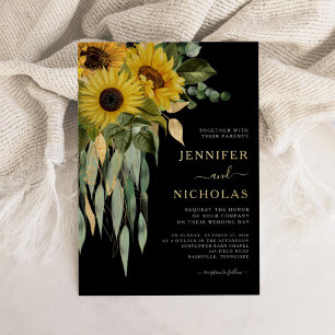 Modern Floral Black Wedding Gold Foil Invitation