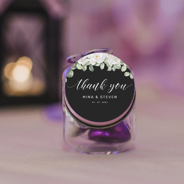 Modern floral black wedding thank you  classic round sticker (Creator Uploaded)