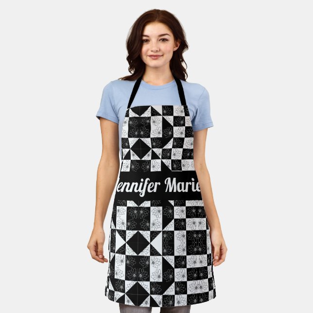 Modern Floral Black & White Chequered Custom Name Apron (Worn)
