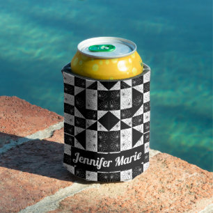 Modern Floral Black & White Chequered Custom Name Can Cooler