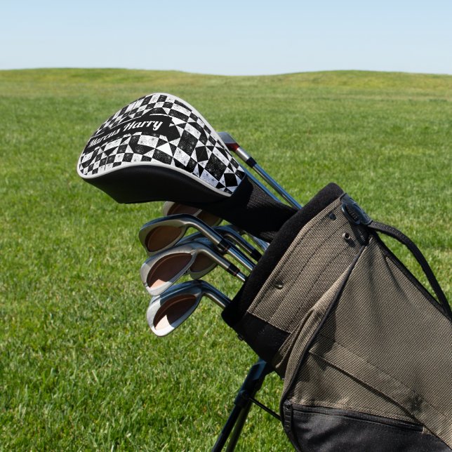 Modern Floral Black & White Chequered Custom Name Golf Head Cover (In Situ)