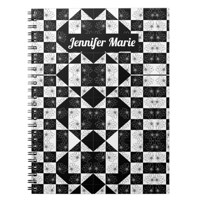 Modern Floral Black & White Chequered Custom Name Notebook (Front)