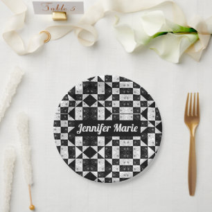Modern Floral Black & White Chequered Custom Name Paper Plate