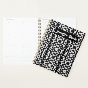 Modern Floral Black & White Chequered Custom Name Planner