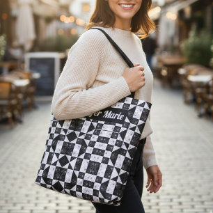 Modern Floral Black & White Chequered Custom Name Tote Bag