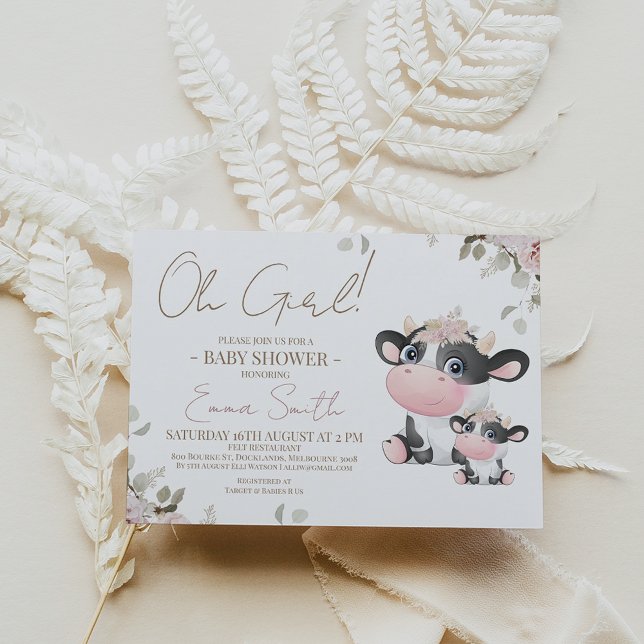 Modern Floral Black White Cow Baby Shower Invitation (Creator Uploaded)