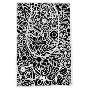 Modern Floral Black White Gift Wrap Wrapping Paper Medium Gift Bag